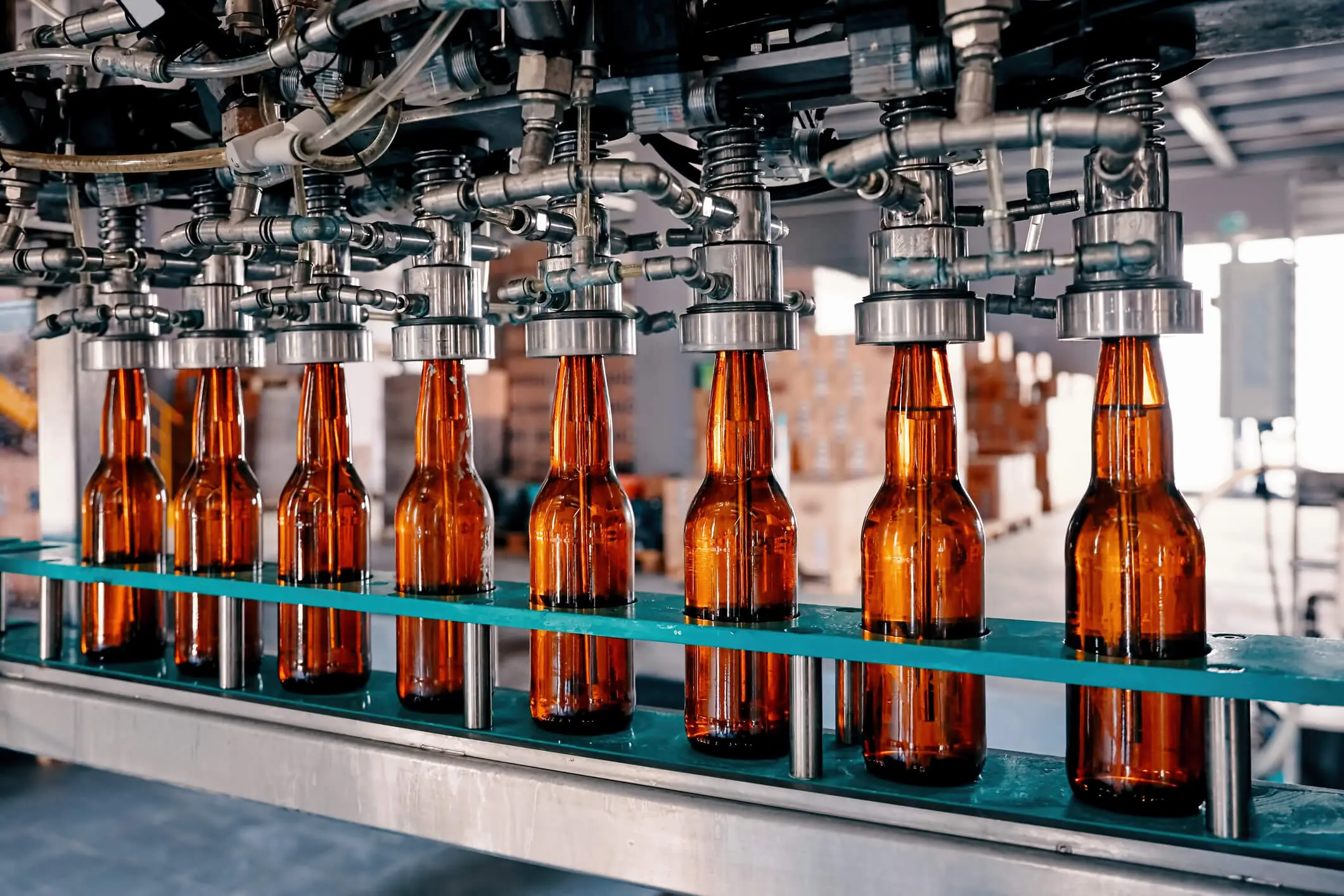 Bouteilles de bière se remplissant sur le convoyeur de l’usine de brasserie